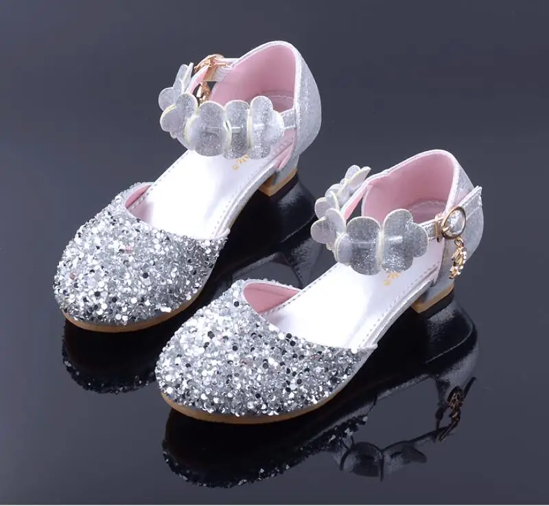 SKHEK/детская обувь принцессы для девочек; сандалии на высоком каблуке; блестящая женская обувь со стразами для вечеринок; цвет серебряный, розовый, золотой