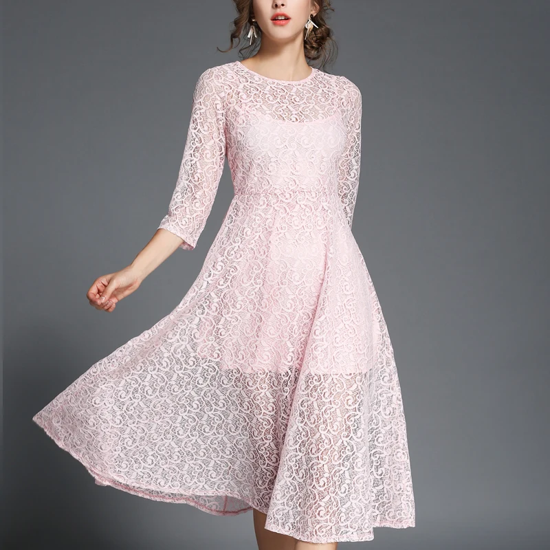 Pink H Хан королева Vestidos Для женщин тонкий о-образным вырезом ретро большие качели Длинные платья Femme Повседневное женская одежда пикантные офисные вечерние Кружево Платья для женщин - Цвет: Pink