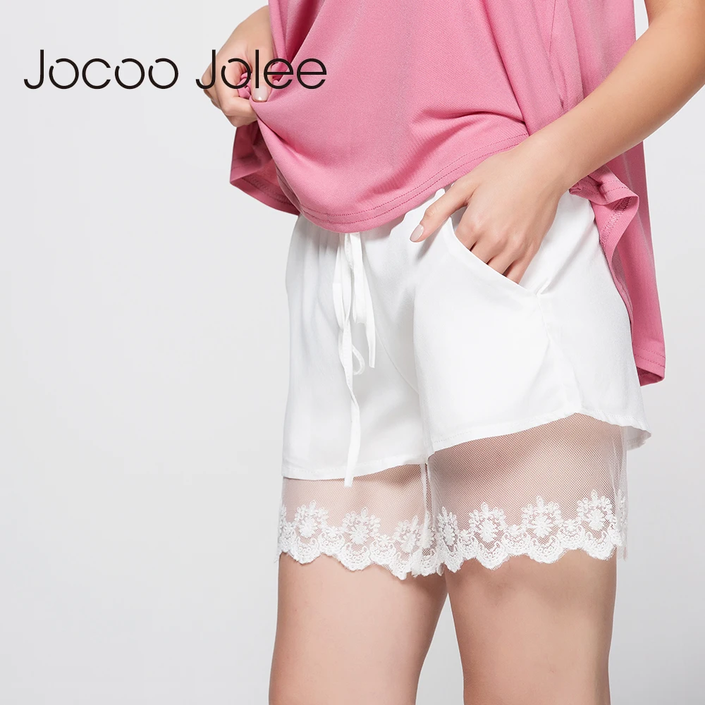 Jocco Джоли середины талии женские шорты белая кружевная отделка кулиска на талии бархат шорты женские шорты Мода 2017 Рубашки домашние