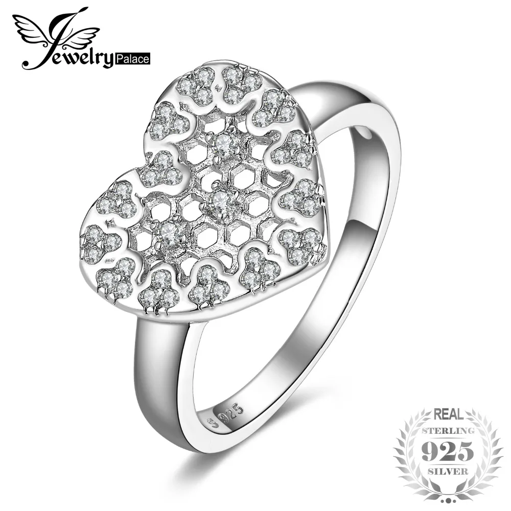 

JewelryPalace Cubic Zirconia Hexagon Honeycomb Hollow Heart Ring 925 Sterling Silver Anniversary Rings For Women Fine Jewelry