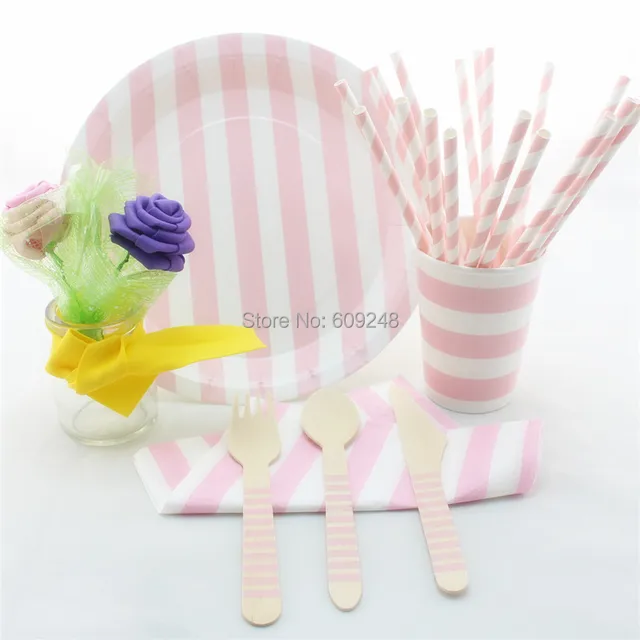 printed striped baby pink party tableware set personalized dinner