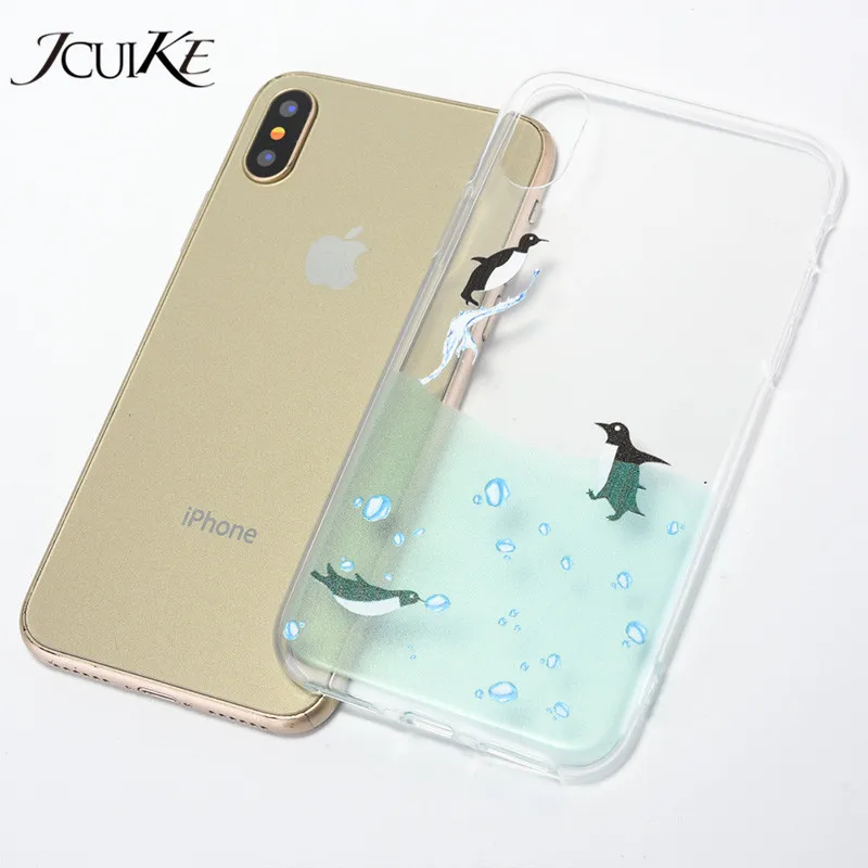 JICUIKE fashion luxury high transparent TPU soft shell penguin for iPhone X Phone case 6 6S 7 8 Plus back cover capa | Мобильные