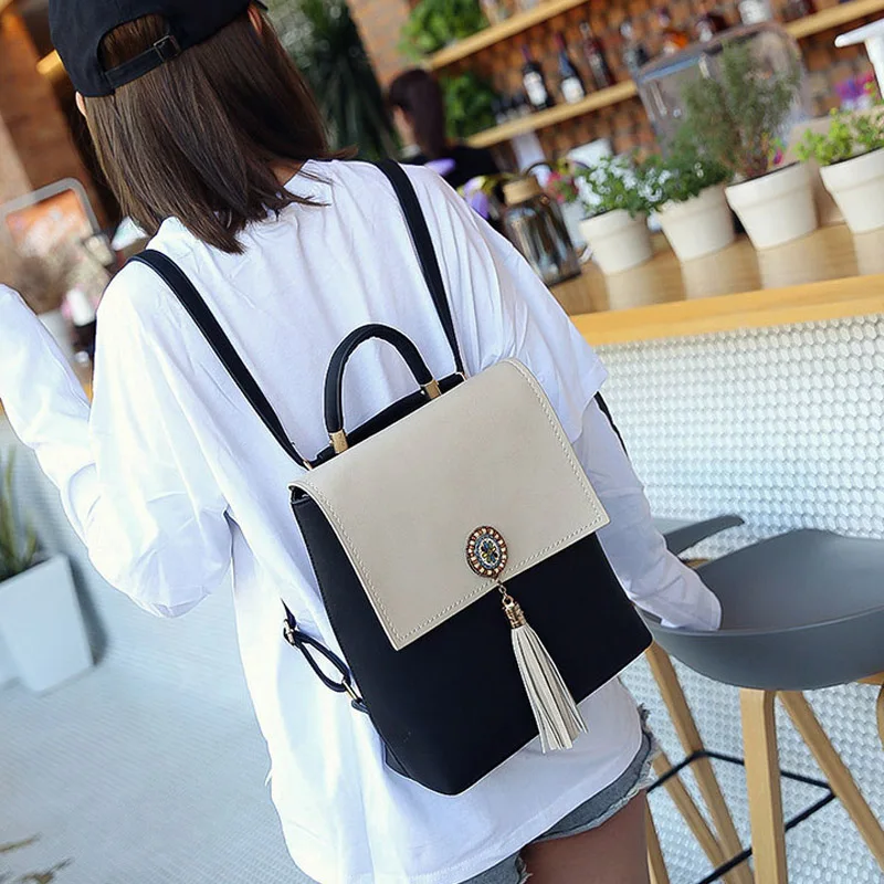 Women Backpack Tassel PU Leather Panelled Female Travel Backpacks Fashion Girl School Bag Mini Design Lady Daily Mochila BP0193 (12)