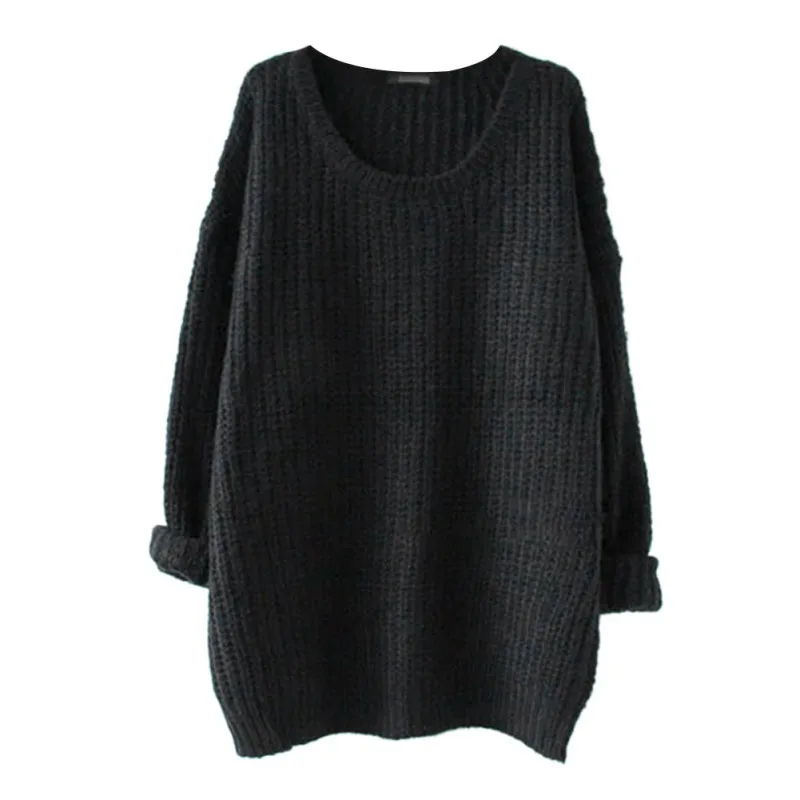 Женский зимний свитер, Женский однотонный пуловер с круглым вырезом большого размера, женский длинный свитер, женские топы T1 - Цвет: Черный