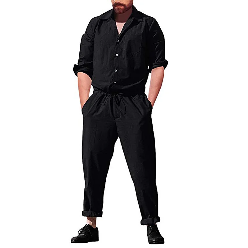 Новинка, мужские комбинезоны с длинным рукавом, осенние брюки, рабочие штаны размера плюс с карманами, повседневный комбинезон, мужские M-3XL - Цвет: Black