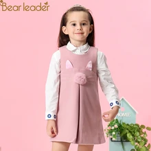 Bear leader/платье для девочек; Новинка года; сезон осень; Повседневный стиль; однотонное ТРАПЕЦИЕВИДНОЕ платье без рукавов с заячьими ушками и меховыми бальными аксессуарами; детское платье