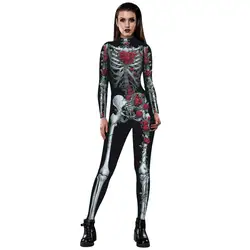 Костюмы на Хэллоуин для Для женщин Косплэй Для женщин Мода Zentai Костюм Прохладный Роуз Череп Дизайн женский тонкий комбинезон Fullbody костюм COS