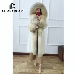 FURSARCAR 2018 Мода Новый реального норки пальто Для женщин с лисой меховой воротник и манжеты Роскошные зимние натурального меха норки пальто