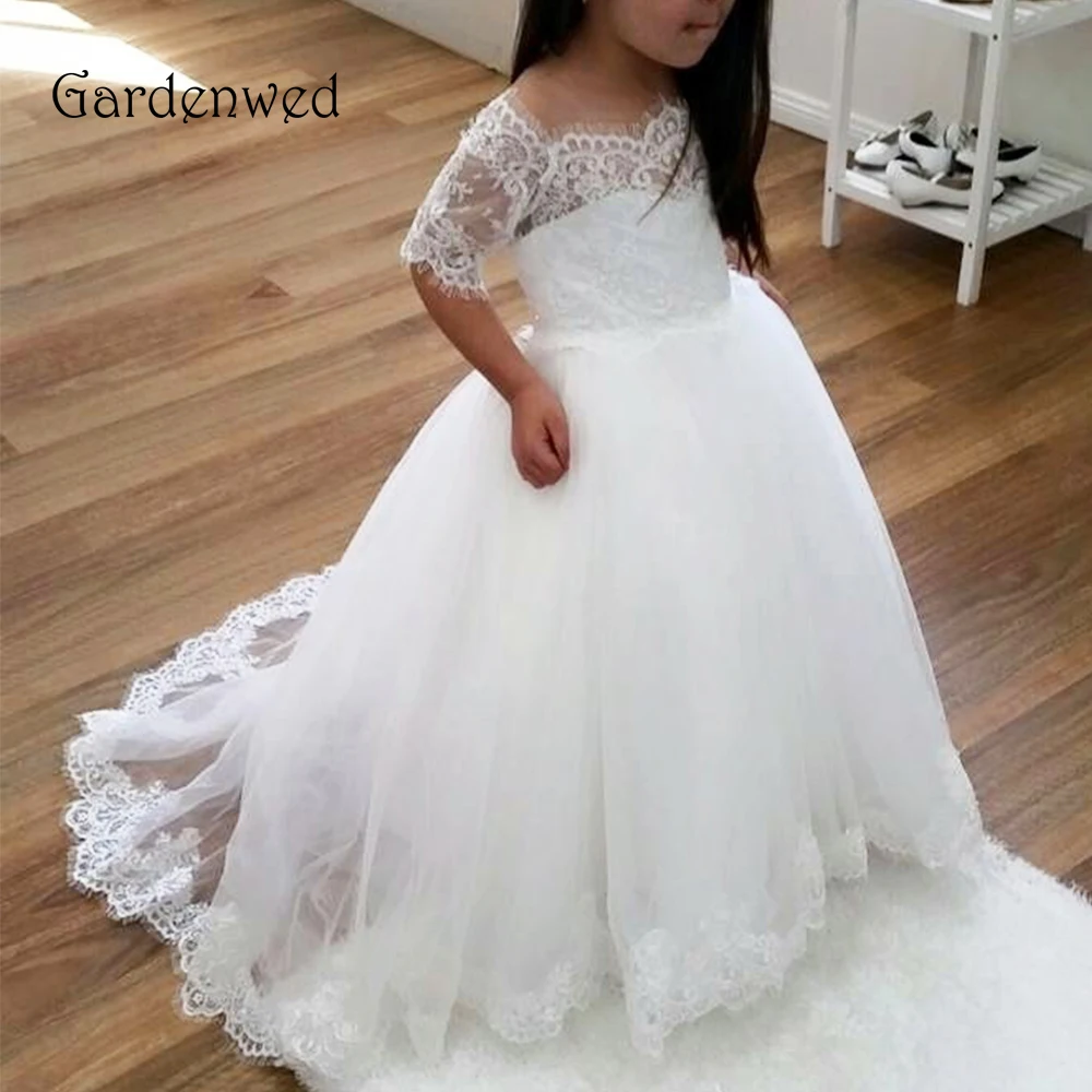 

Gardenwed 2019 First Communion Dresses for Girls vestidos de comunion Off Shoulder Lace Sleeves Tulle Pageant Dresses for Girls