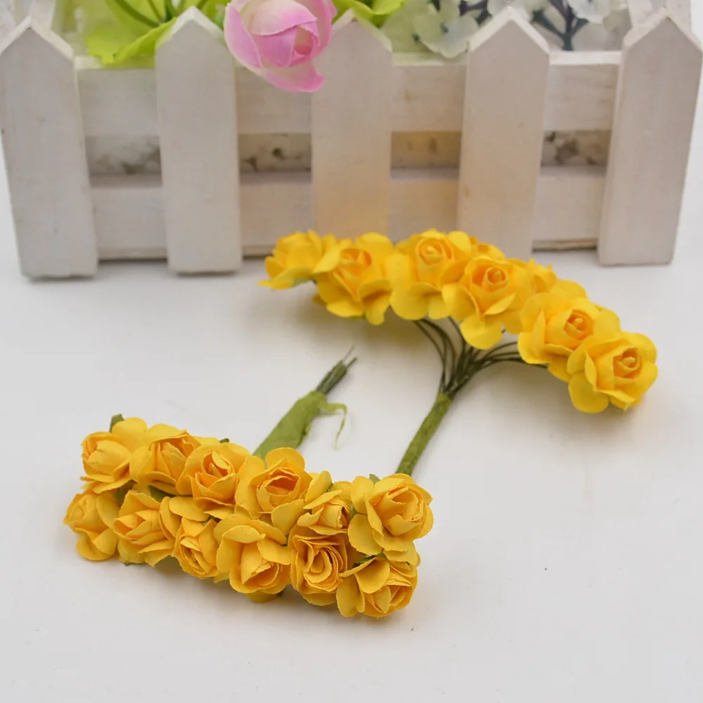 12 шт./лот, мини-бумага, роза, ручная работа, искусственный цветок, свадебное оформление букета, сделай сам, венок, подарок, скрапбукинг, ремесло, искусственный цветок - Цвет: Цвет: желтый