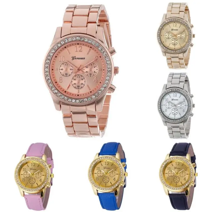 

2018Explosion fashion leisure Geneva three diamond British stainless steel dial diamond PU leather strap alloy analog watch 50P