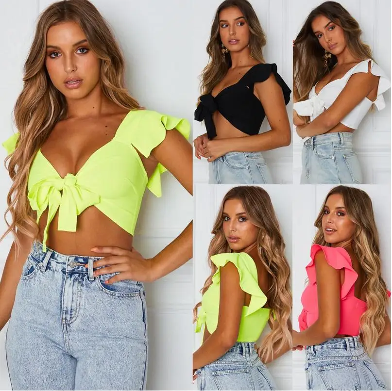 Latest Popular Women Short Ruffled Sleeve Crop Top Front Knot Tie Ladies Casual Plain Tanks Tops Summer Short Tops with Bow