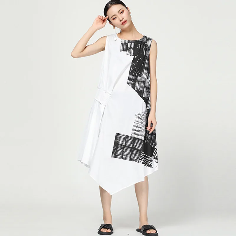 LANMREM 2020 New Summer Fashion Women Clothes Round Neck Sleeveless Printed Inks Asymmetrical Cotton Dress WG90001 vintage | Женская