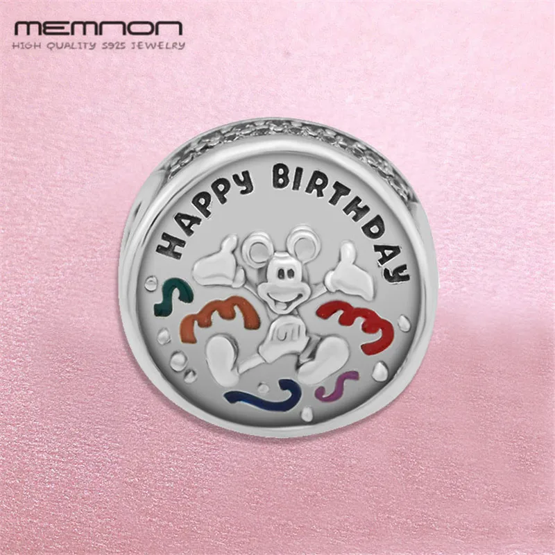 

Memnon 925 sterling silver New PARK Mouse Happy Birthday Charms with enamel fit beads bracelets necklace DIY for women jewelry