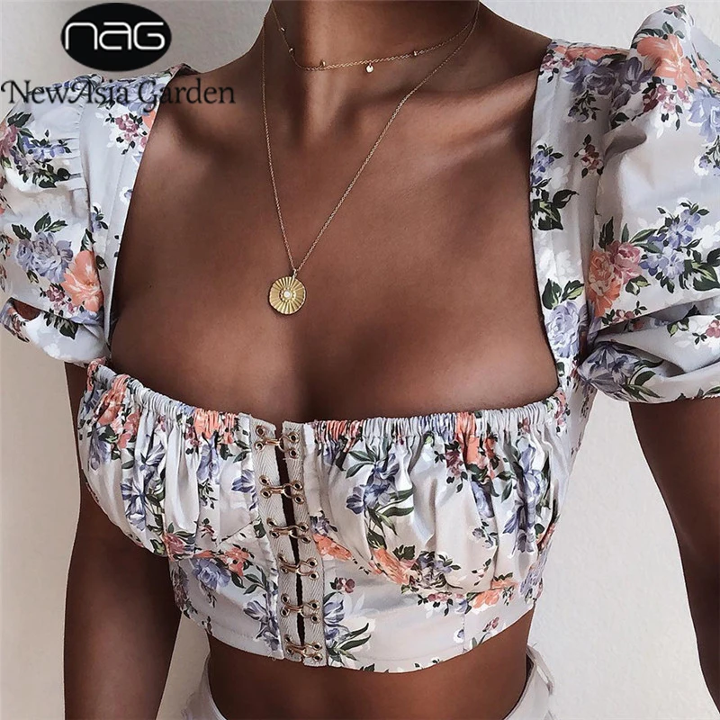 

NewAsia 2019 Blouse Women Summer Vintage Square Collar Puff Sleeve Floral Print Top Sexy Low Cut Front Single-breasted Crop Top