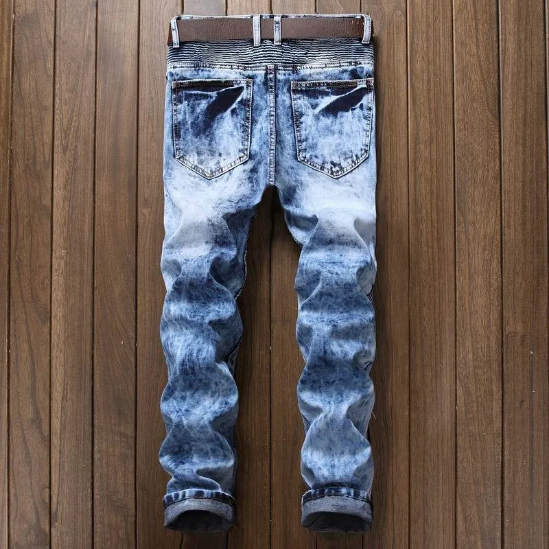 Плиссированные джинсы для байкеров, брюки, мужские облегающие брендовые Дизайнерские джинсовые брюки для мужчин, прямые вымытые штаны на молнии