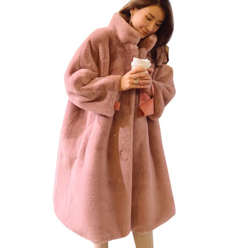 Зимнее женское высококачественное пальто из искусственного кроличьего меха, роскошное длинное меховое пальто, пальто, толстое теплое, плюс размер, женские плюшевые пальто, верхняя одежда