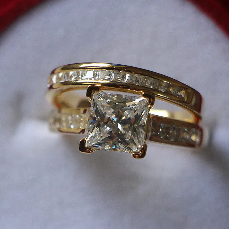 

Yellow Gold Color 2CT Princess Micro Paved Sterling Silver Jewelry Synthetic Diamonds Rings Set for Women Engagement Female S925