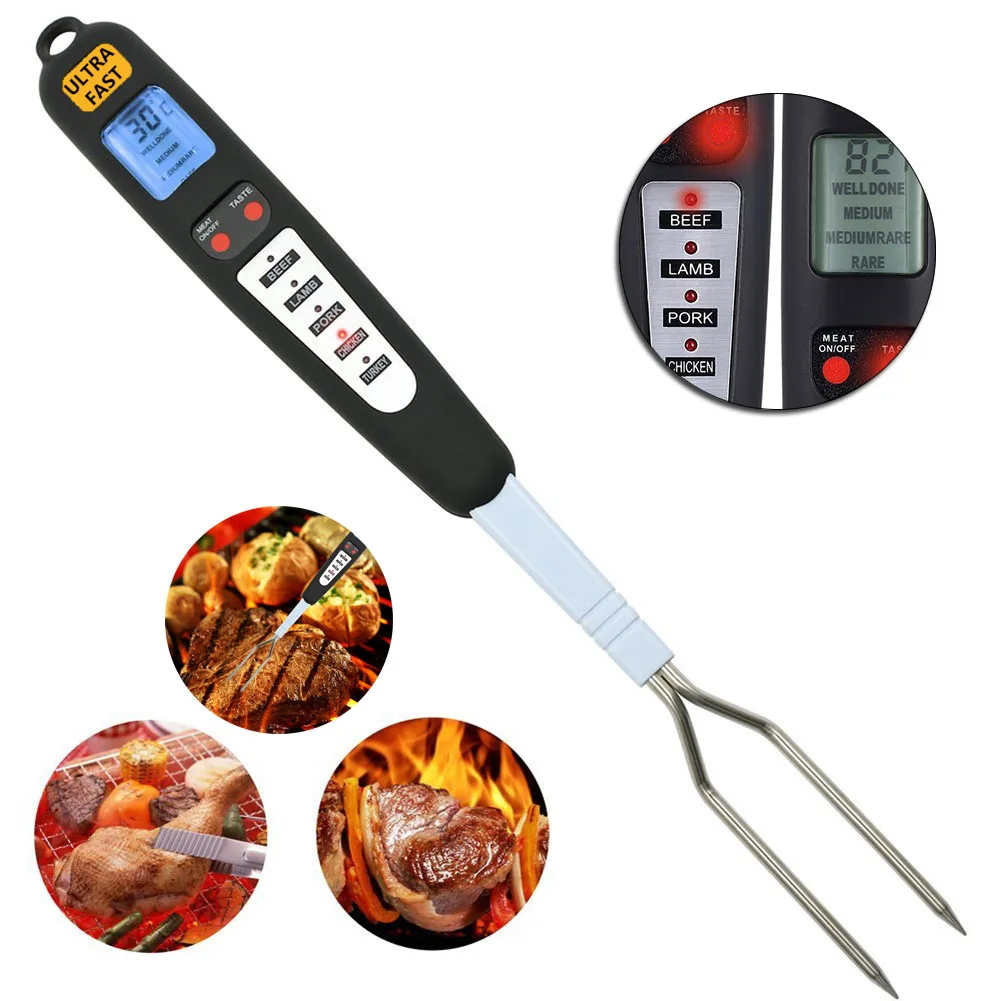 Meat Thermometer Fork with LED Screen Alarm Long Fork Tool for Grilling
