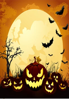 

VinylBDS Green Screen Big Moon Fire Pumpkins Bats Halloween Backdrops Kate Background Backdrop