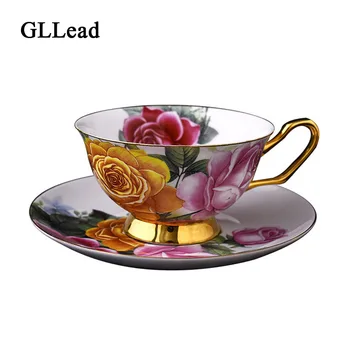

GLLead Fashion Rose Flower Ceramic Coffee Cup European Style Bone China Tea Cups Saucers Set Creative Gift Porcelain