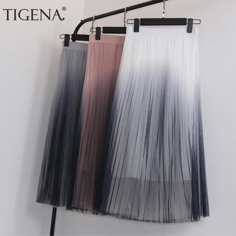TIGENA 2019 Gradient Color Summer Tulle Skirt Women High Waist Pleated Long Skirt Female A-line White Pink Tutu School Skirt Sun TIGENA 2019 Gradient Color Summer Tulle Skirt Women High Waist Pleated Long Skirt Female A-line White Pink Tutu School Skirt Sun
