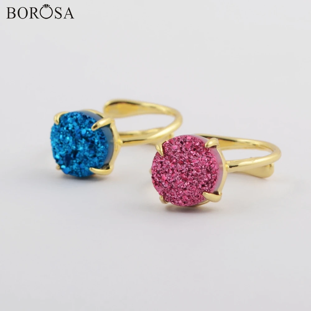 BOROSA 5PCS Gild Claw 10mm Round Natural Agates Druzy Titanium Rainbow Drusy Ring Mixed Colors Druzy Adjustable Rings ZG0414