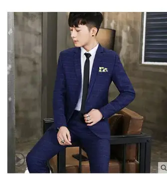 

Korean version of the plaid dress business suit fashion men's slim suit Two-piece suit set singer costumes suit
