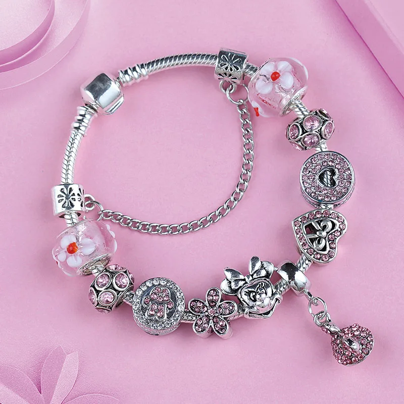 

Hot Romantic Pink Mickey Crystal Pan Charm Bracelet Bangle Minnie Flower Vintage Silver Bracelet Bead for Diy Jewelry Making