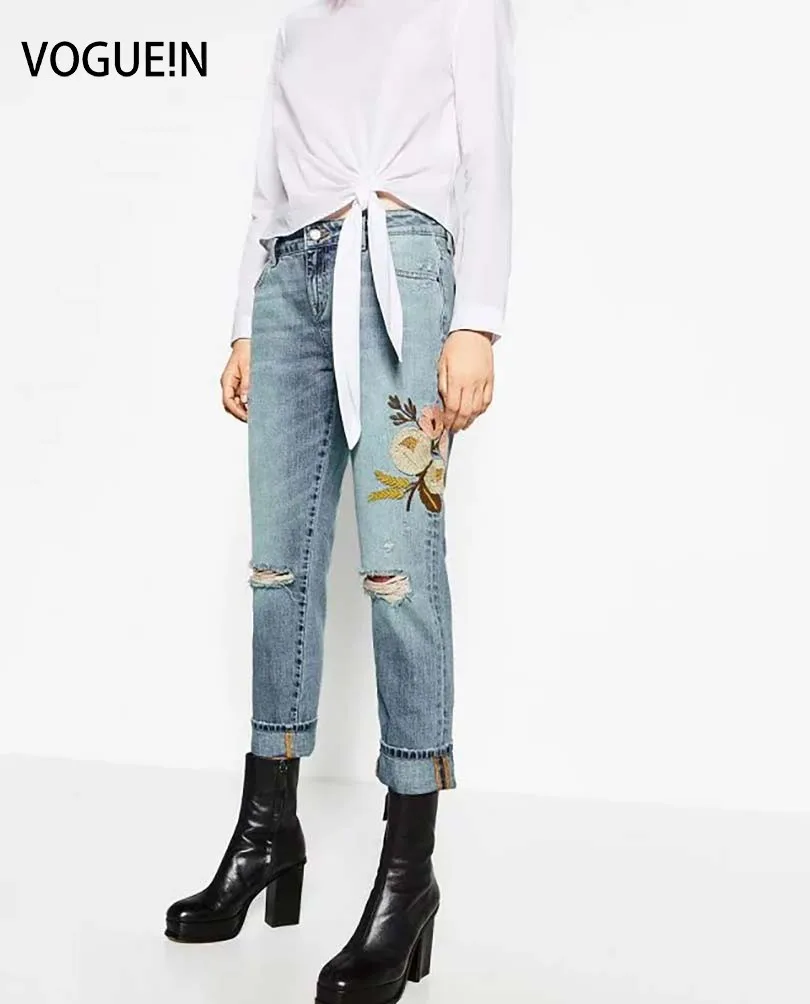 

VOGUE!N New Womens Floral Premium Embroidered Holes Denim Jeans Slim Trousers Pants Size S M L XL Wholesale