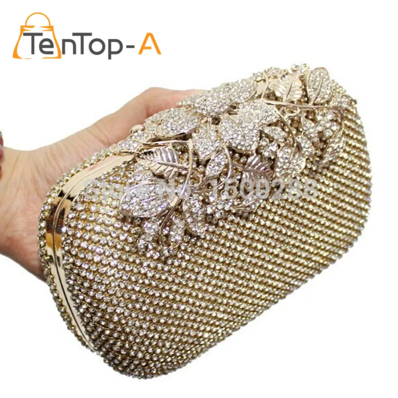 

TenTop-A Free Shipping Both Side Diamond Flowers Leaf Crystal Evening Clutch Bag Hot Styling Clutches Lady Wedding Purse YGH1270