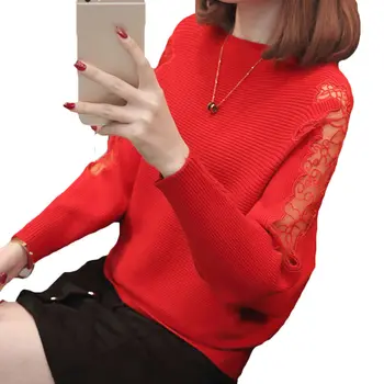 

2019 Spring Autumn New Women Short Lace Hollow Out Loose Knit Bat Shirt A Word Collar Fashion Wild Female Knit Sweater LQ585