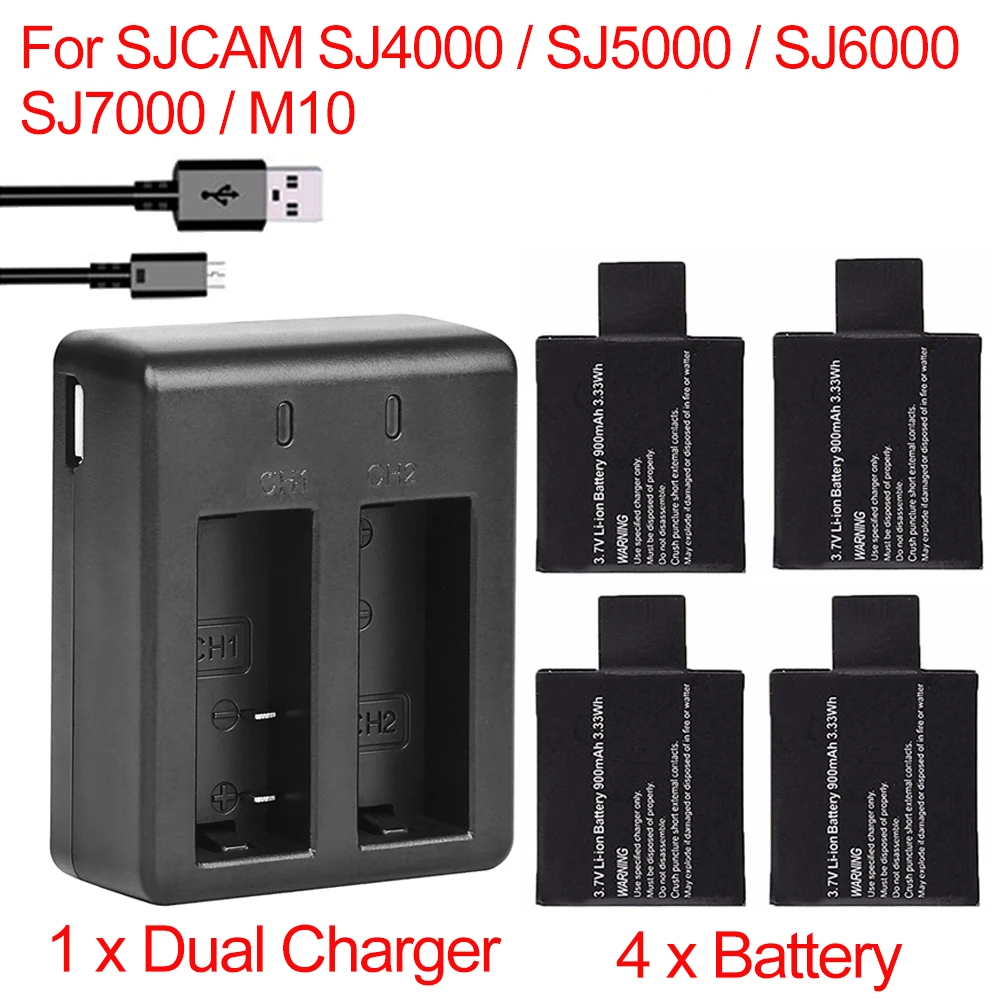 

4pcs 900mah SJ4000 battery + 1 x Dual charger For SJCAM SJ4000 SJ5000 SJ6000 SJ8000 M10 Digital Camera BATTERY