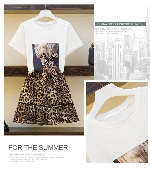 Летний комплект из 2 предметов, женские модные хлопковые футболки с бантом+ юбка с леопардовым принтом, комплекты больших размеров