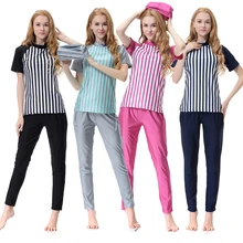 Новое поступление женское, с коротким рукавом мусульманский купальный костюм полосатая модная одежда для плавания из двух частей Мусульманский купальник выше размера 3XL