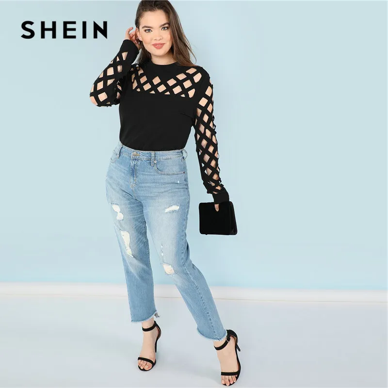 SHEIN Топ Размера Плюс С Вырезом Под Горло Женский Весенний Черный Элегантный