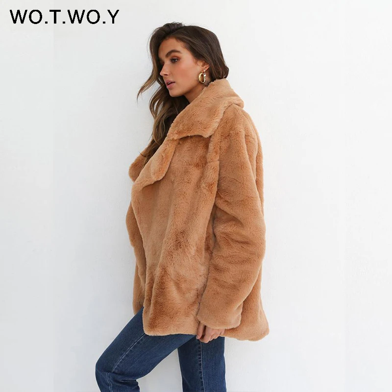 WOTWOY Plush Faux Fur Coat Women Thicken Warm Autumn Winter Jackets Women Soft Teddy Coat Female Streetwear Outerwear 2018 New