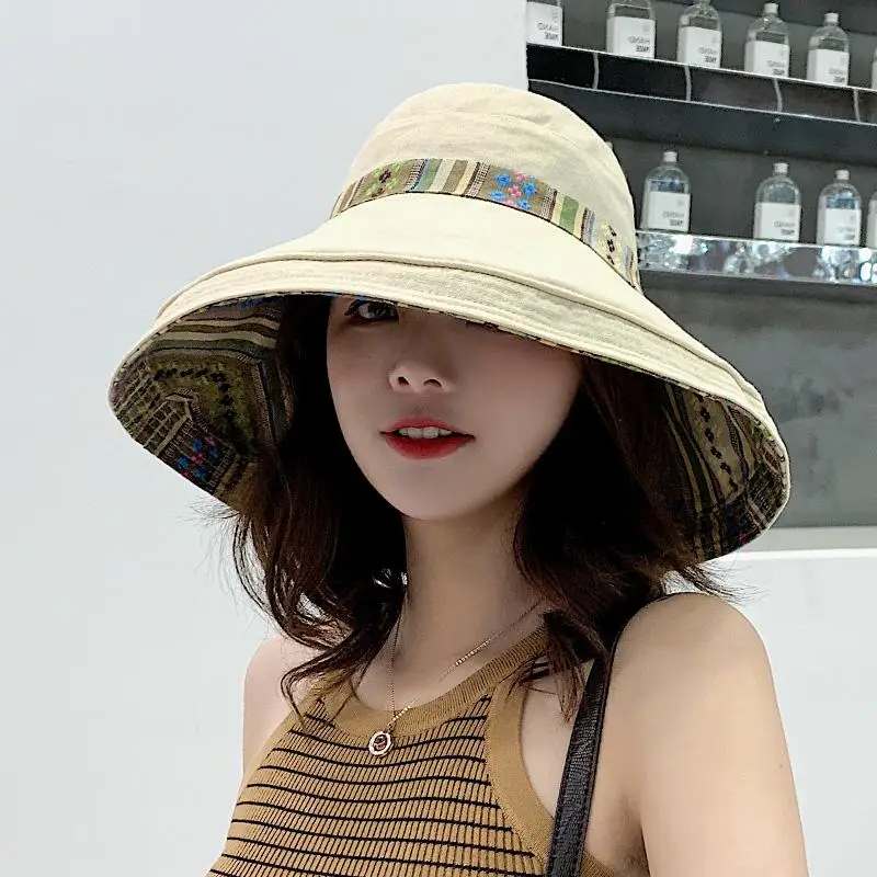 COKK Women Summer Hat Floppy Fisherman Cap Double Sided Sun Hat Female Wide Large Brim Bohemia Sunhat Beach Hat Cap Vacation New - Цвет: Бежевый