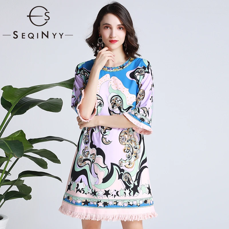 SEQINYY мини платье новые летние модные дизайн короткий рукав, расшитый бисером Кристалл кисточкой прямо повседневное синий Винтаж печатных