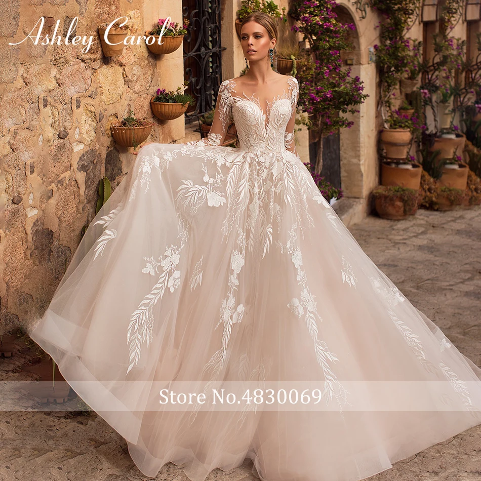 Wedding Dresses for Women Ashley Carol Appliques Tulle Backless Long Sleeve Boho