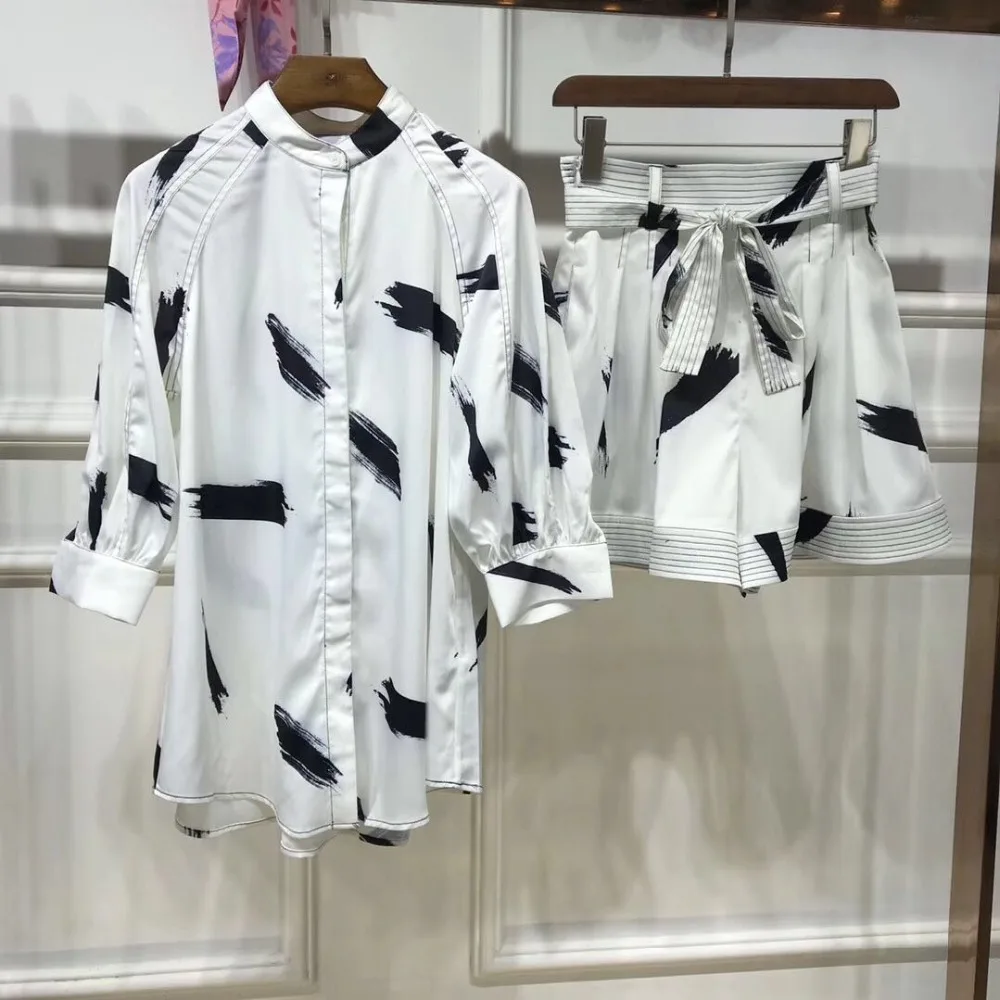 

2018 Spring Summer Fashion Design Women's 2 Pieces Pants Set Suit Puff Sleeve Shirt+High Waist Wide leg shorts with belt