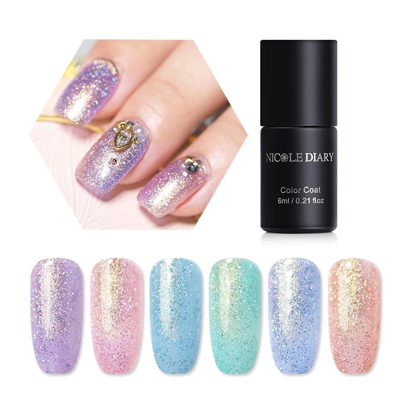 

NICOLE DIARY 6ml Nail Gel Fairy Streamer Holo Laser Glitter Pearl Soak Off UV Gel Polish 6 Colors