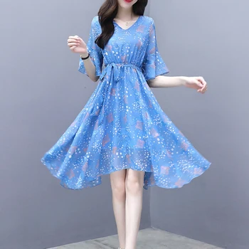 

Women Floral Dot Print Elegant Dress Sexy V-Neck Flare Half Sleeve Dresses Ladies Casual Vacation Beach Midi Dress