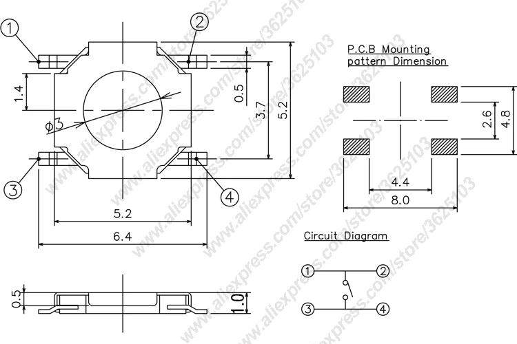 50 шт./лот SMD 4*4*1,5 мм(5,2*5,2*1,5 мм) тактильная тактовая кнопка микропереключатель мгновенная кнопка Медная головка/резиновая головка и т. Д