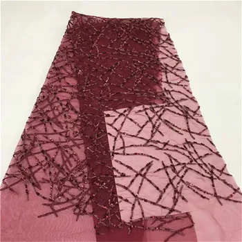 

2019 Latest Wine French Sequins Lace Fabrics High Quality African Mesh Lace Fabric With Sequins For Women Wedding Dress