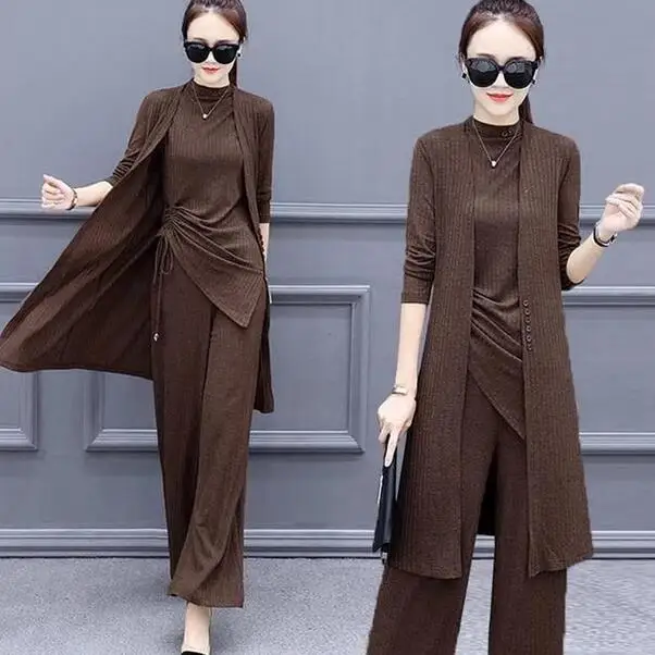 

Knitted 3 Pieces Set Women Tracksuit Long Sleeve Cardigan Pullover Tops and Wide Leg Pants Suit Women's Sets 2019 DC67