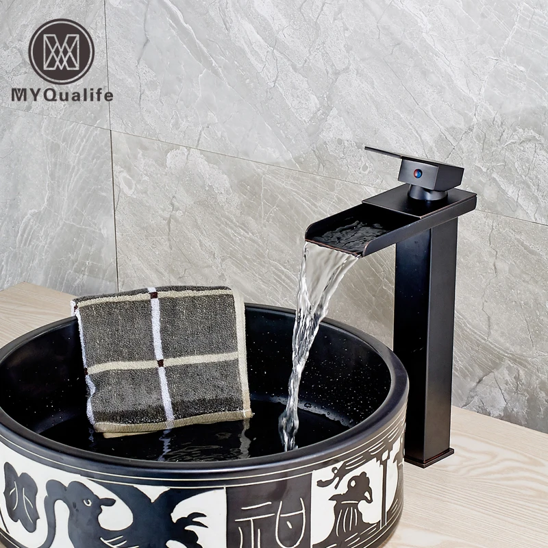 

Single Handle Waterfall Square Countertop Basin Faucet Deck Mounted One Hole Hot and Cold mixer Crane Taps