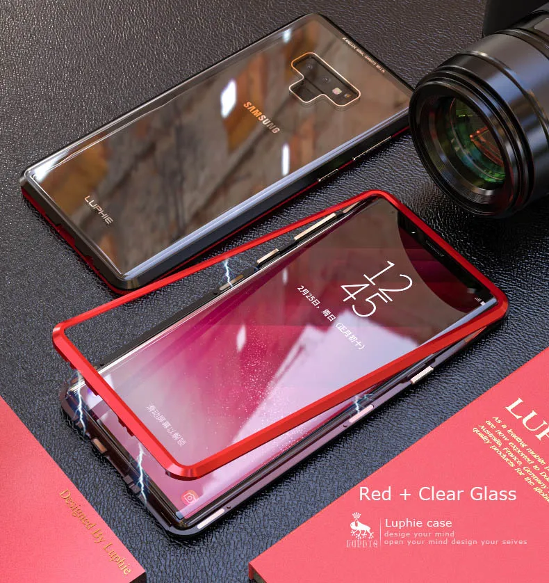 Магнитный чехол LUPHIE контрастного цвета для samsung Galaxy Note 9, Магнитный чехол, прозрачная стеклянная задняя крышка для samsung Note9, металлический бампер - Цвет: Красный