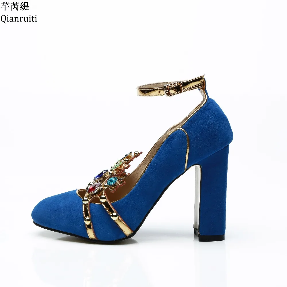 Qianruiti Blue Suede Block Heels Women Shoes Studded