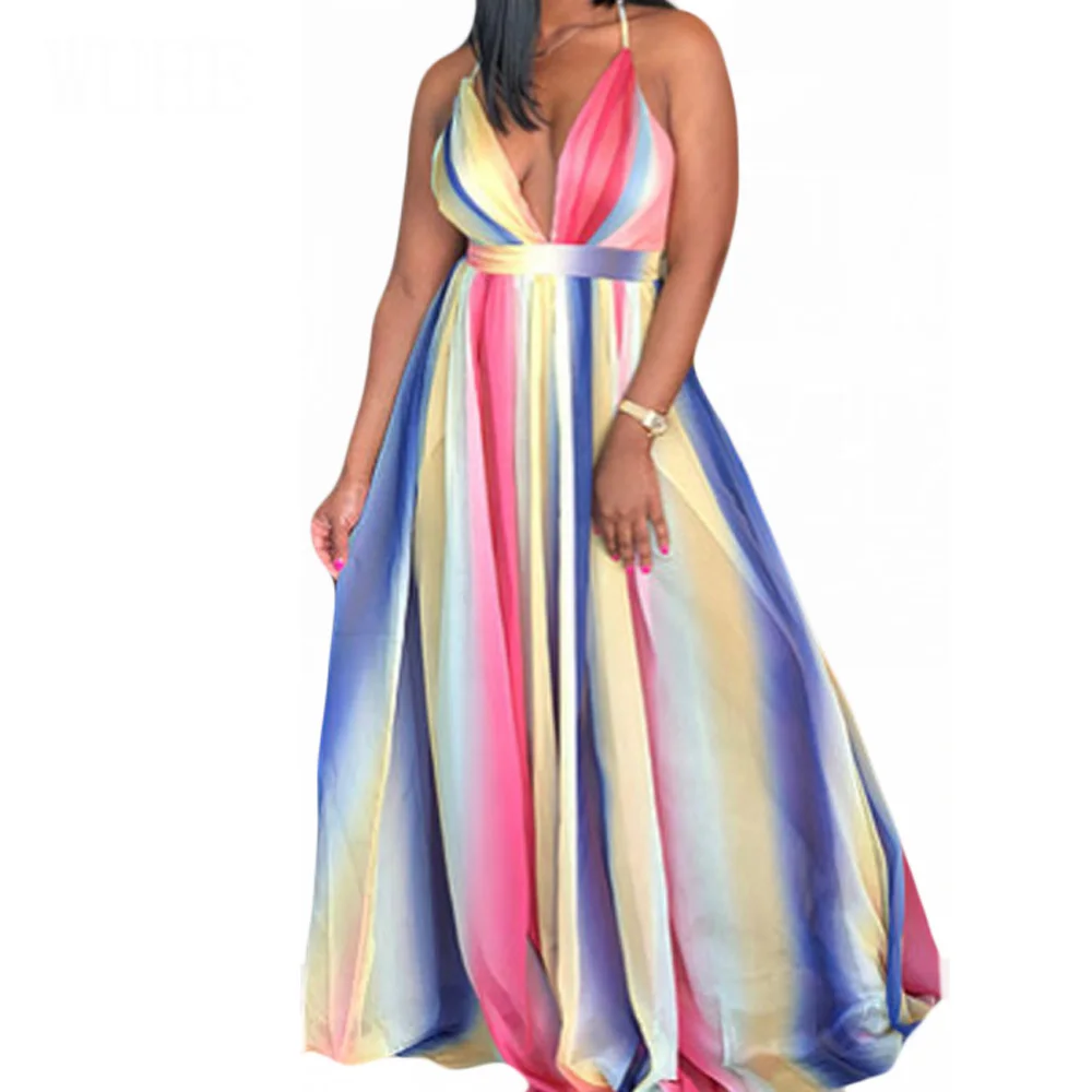 

Summer Women Sexy Deep V Neck Backless Chiffon Maxi Dress Fashion Vintage Gradient Floor-length Pleated Beach Party Long Dress